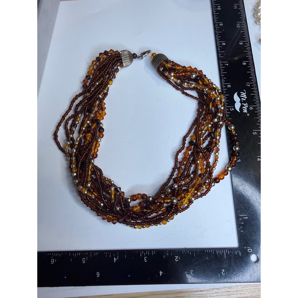 Multistrand Beaded Statement Necklace Amber Brown Silver Tone 18 Inch